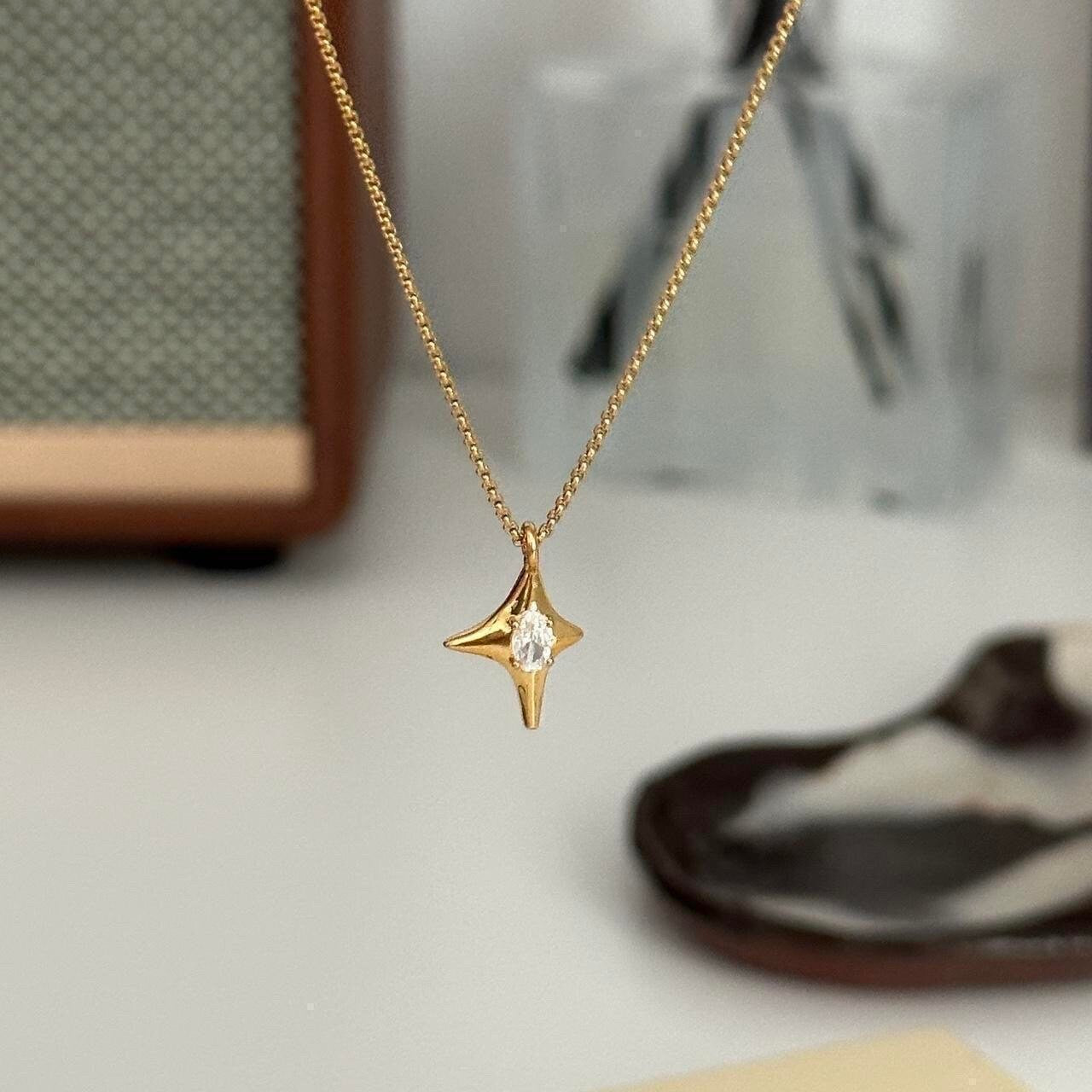 Shiny Crystal Gold Star Pendant Necklace, Gold Zirconia Star Pendant Gold Chain, Gold Star Necklace, Star Jewelry