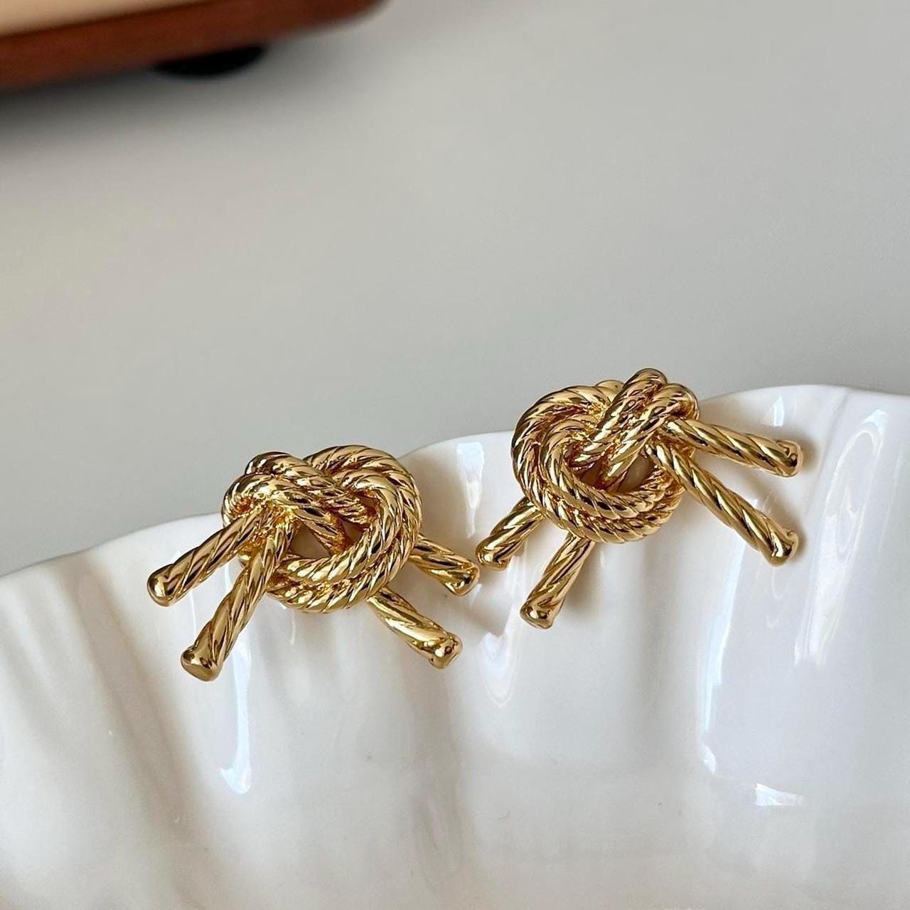 Gold Knot Stud Earrings, Gold Twisted Rope Design Earrings,  Chunky Gold Tone Rope Twisted Stud Earrings, Elegant Statement Earrings