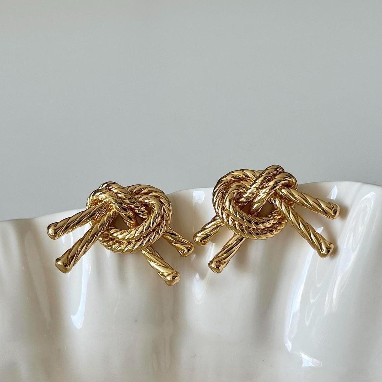Gold Knot Stud Earrings, Gold Twisted Rope Design Earrings,  Chunky Gold Tone Rope Twisted Stud Earrings, Elegant Statement Earrings