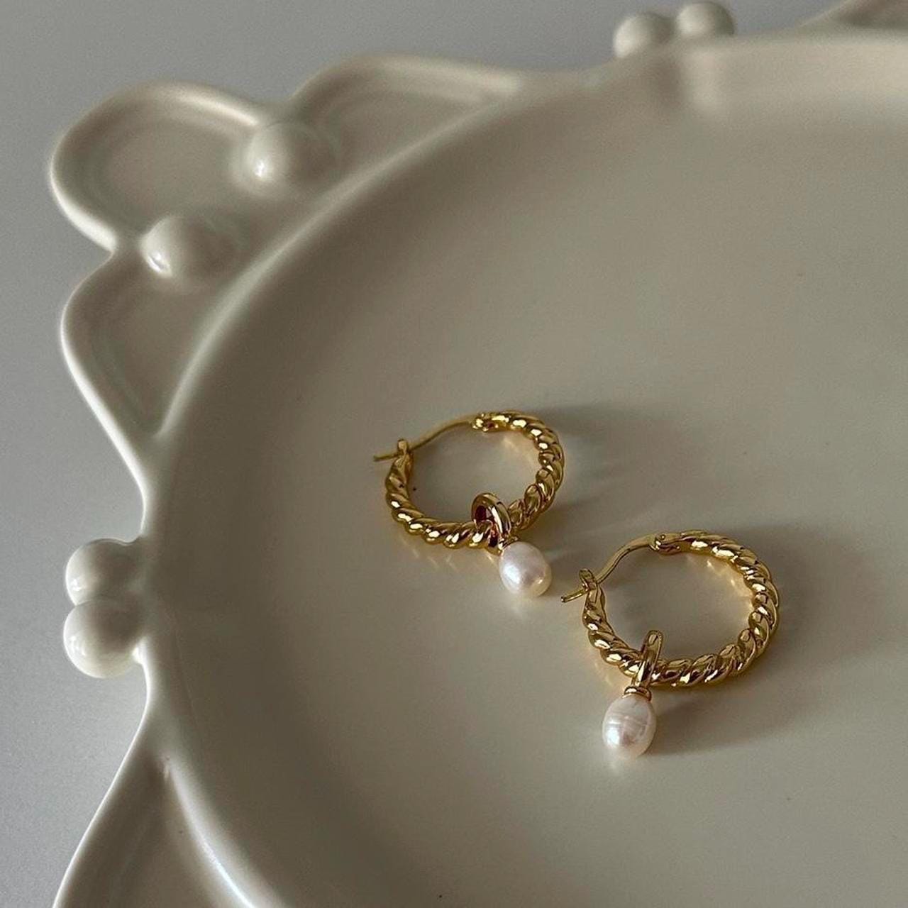 Gold Twisted Hoop Pearl Earrings