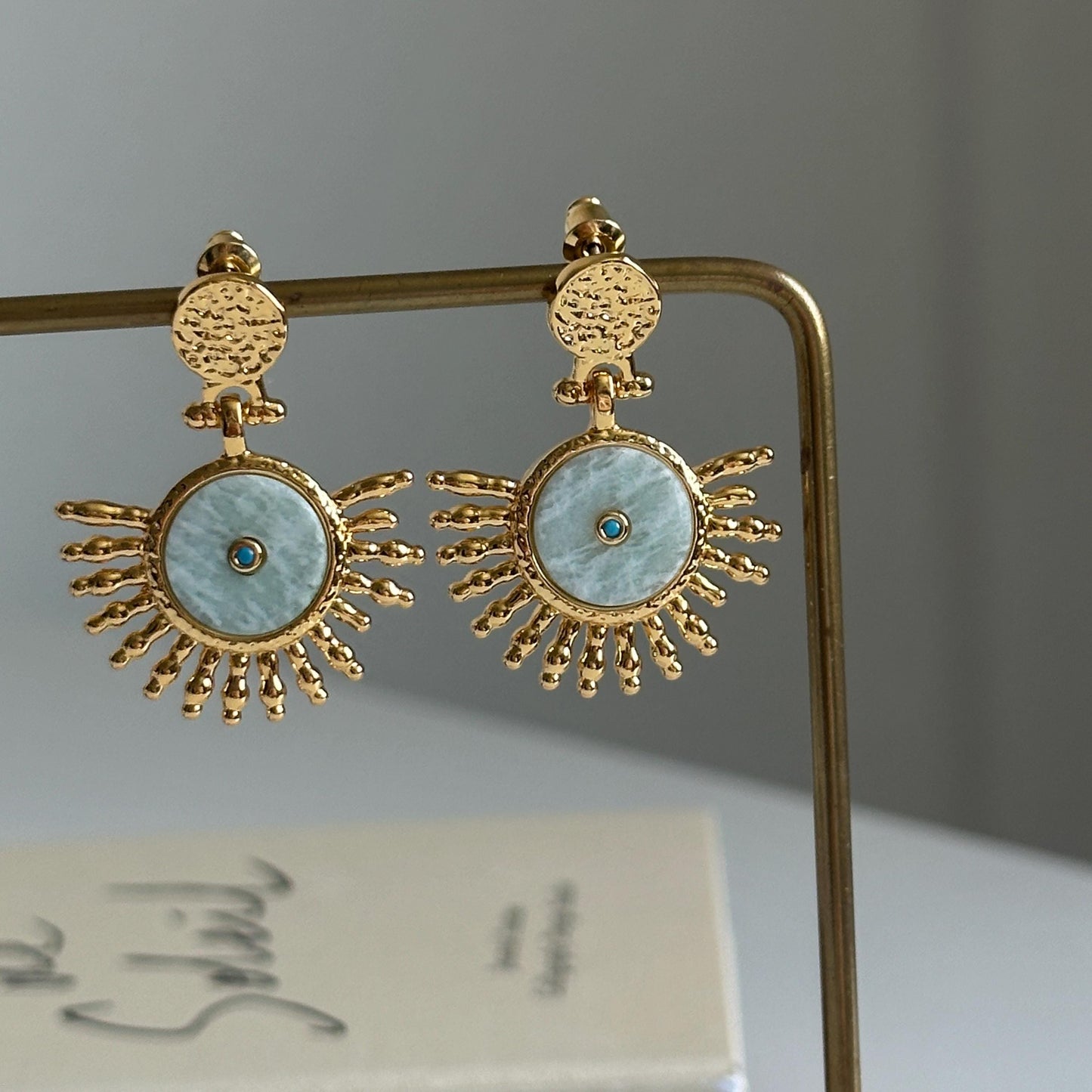 Retro Amazonite Turquoise Sun Textured Brass Gold-Plated Earrings