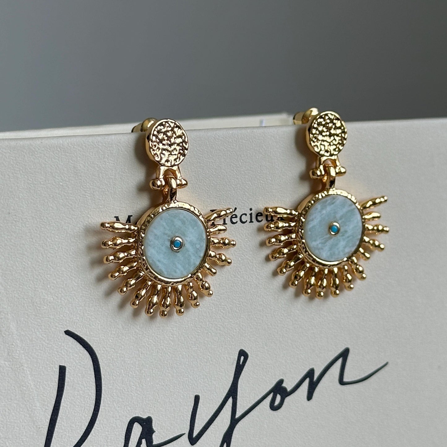 Retro Amazonite Turquoise Sun Textured Brass Gold-Plated Earrings