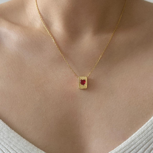Shiny ruby heart gold rectangle pendant necklace