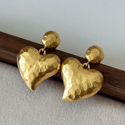 Matte Gold Textured Heart Dangle Earrings