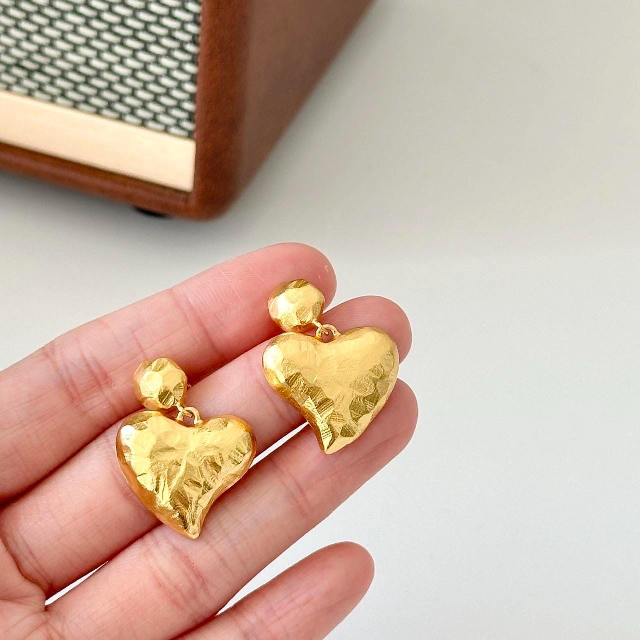 Matte Gold Textured Heart Dangle Earrings