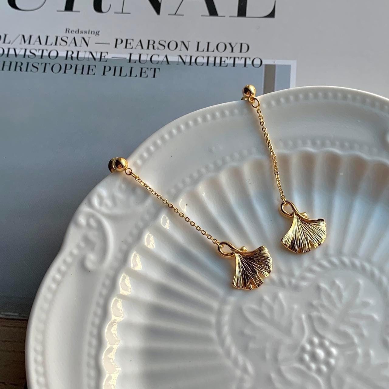 Gold Leaf Pendant Necklace and Earrings Set