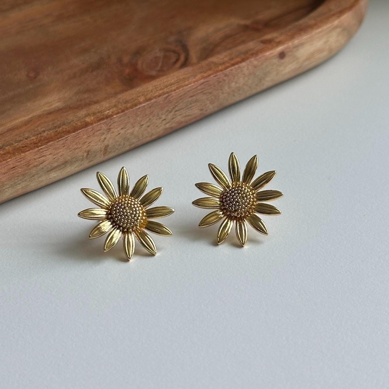 Gold Sunflower Stud Earrings, Flower Earrings
