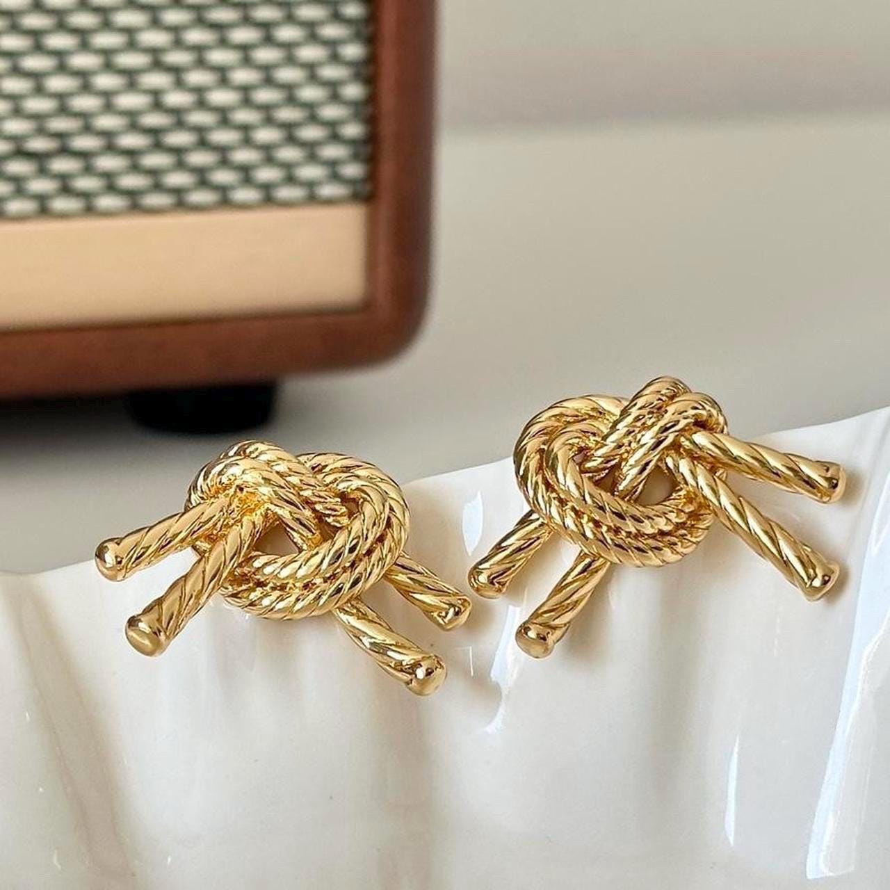 Gold Knot Stud Earrings, Gold Twisted Rope Design Earrings,  Chunky Gold Tone Rope Twisted Stud Earrings, Elegant Statement Earrings
