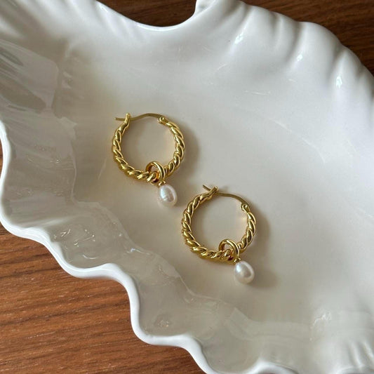 Gold Twisted Hoop Pearl Earrings