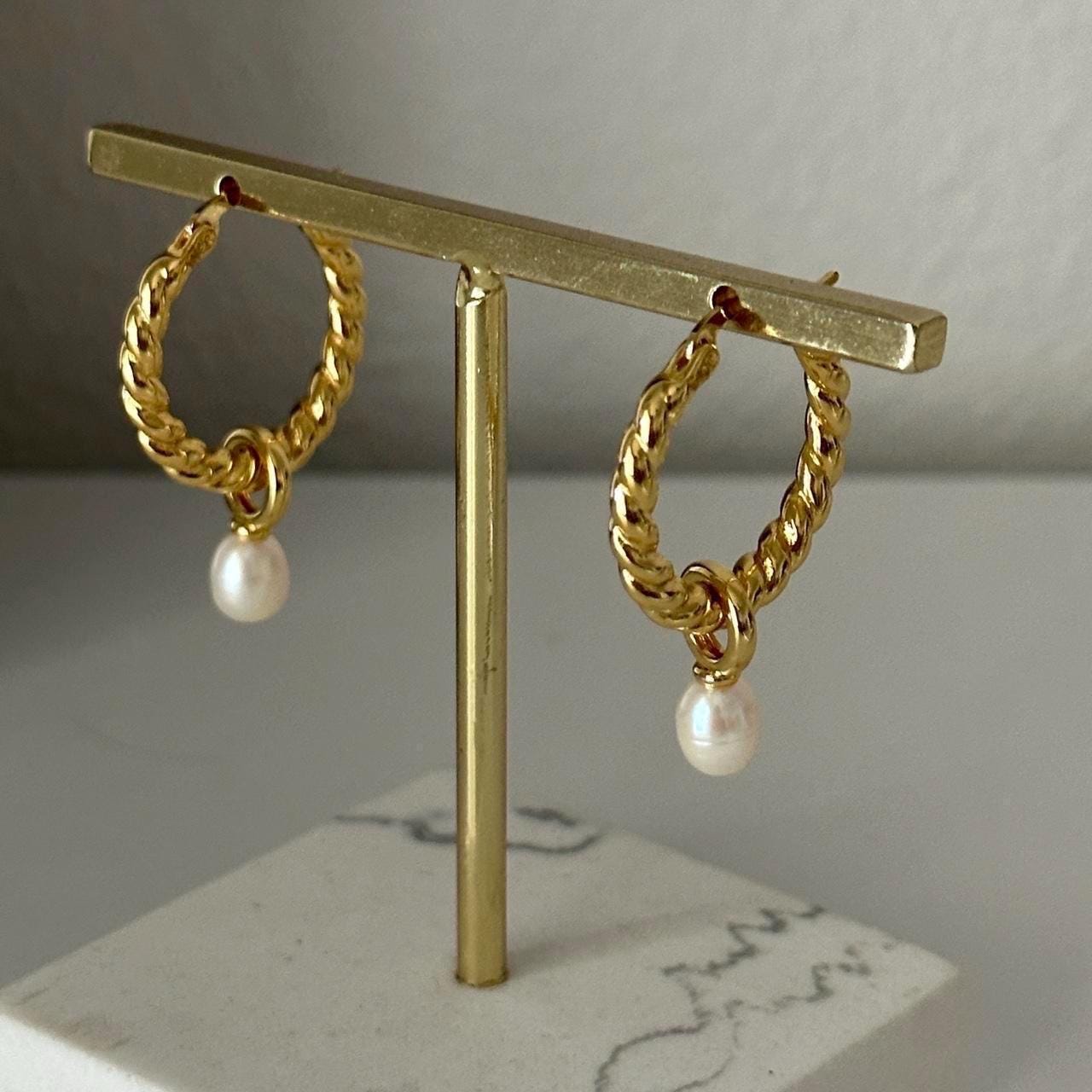Gold Twisted Hoop Pearl Earrings