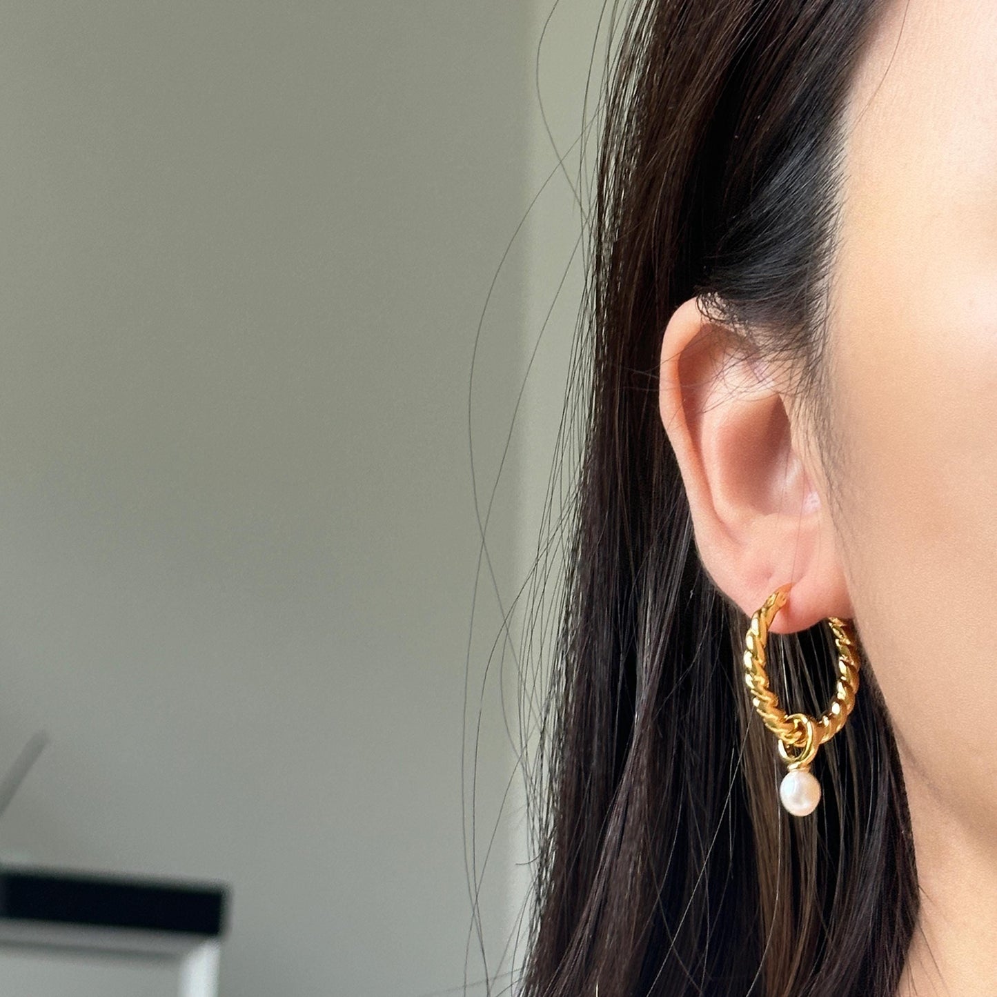 Gold Twisted Hoop Pearl Earrings