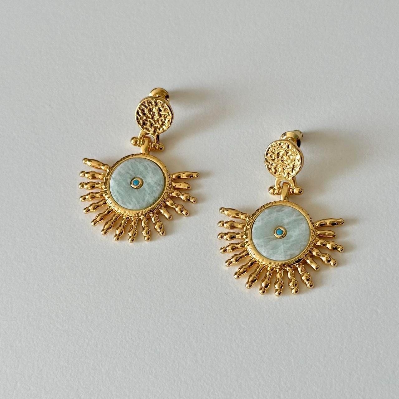 Retro Amazonite Turquoise Sun Textured Brass Gold-Plated Earrings