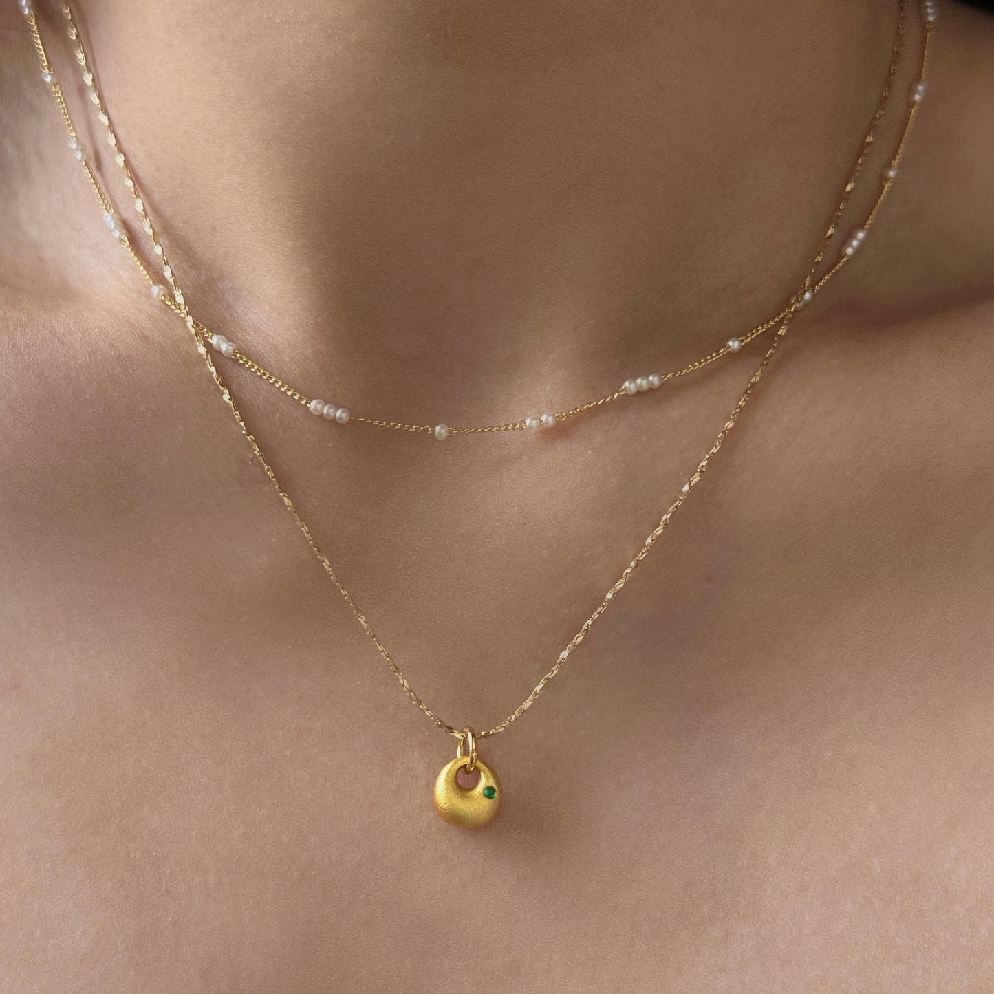 Mini Matte Gold Emerald Hoop Ball Necklace Earring Set