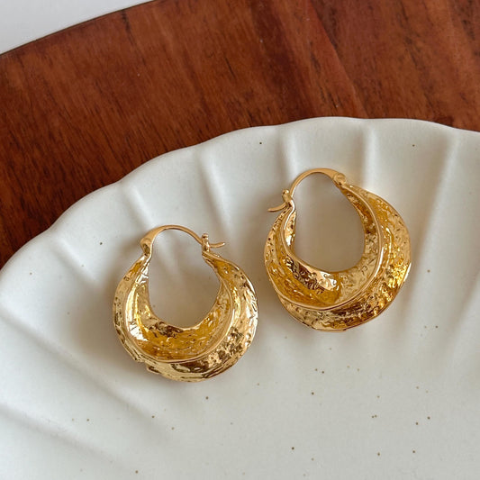 Gold Twist Hammered Texture Hoop Earrings