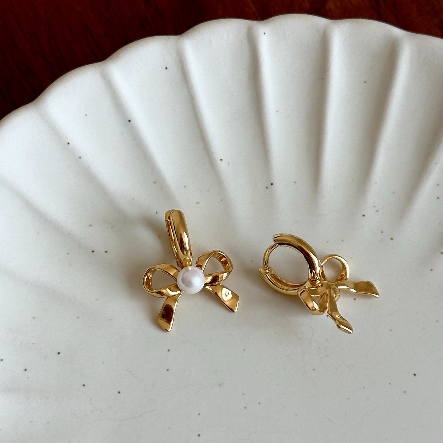Bow Pearl Huggies Earrings