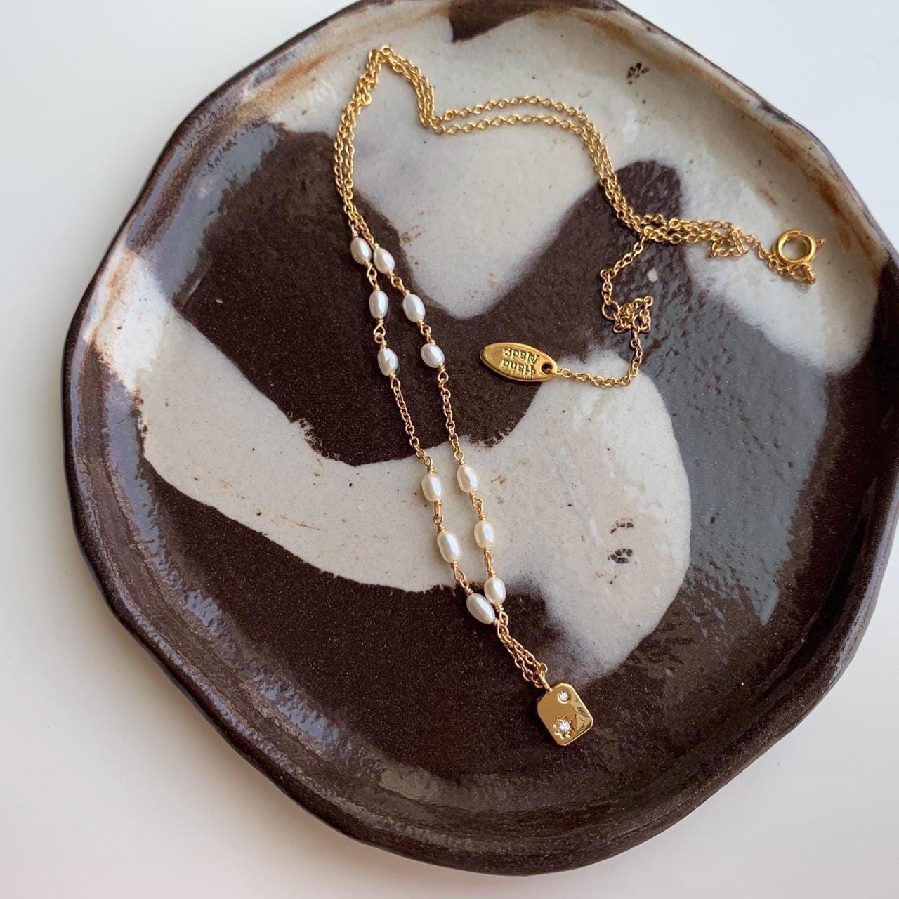 Freshwater Pearl Gold Star Pendant Necklace, Delicate Pearl Necklace