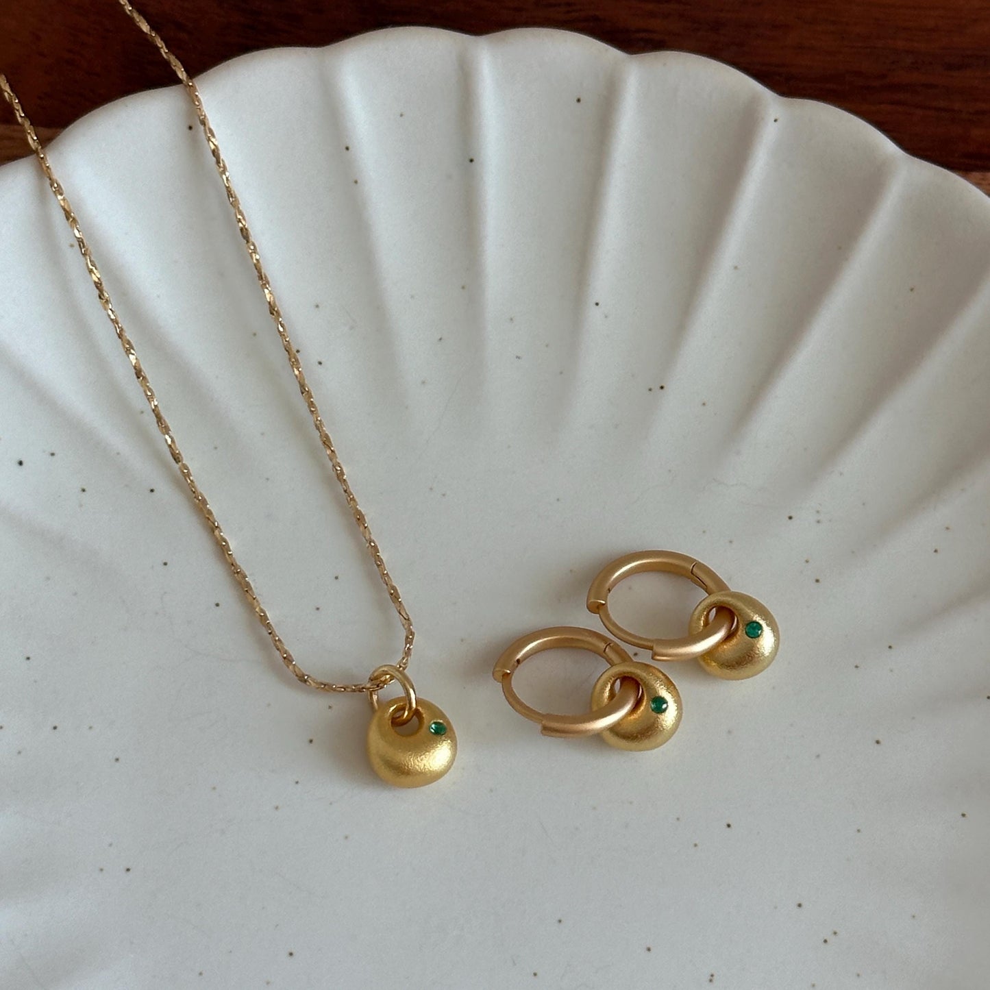 Mini Matte Gold Emerald Hoop Ball Necklace Earring Set