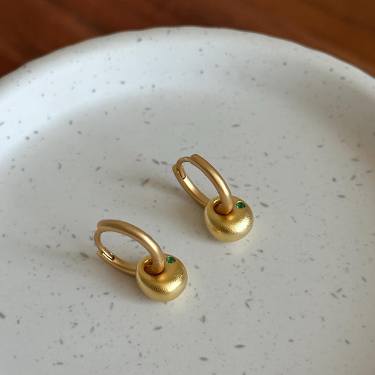 Mini Matte Gold Emerald Hoop Ball Necklace Earring Set