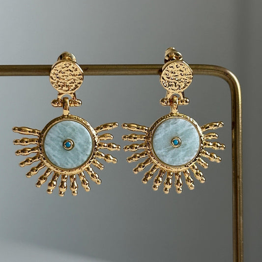 Retro Amazonite Turquoise Sun Textured Brass Gold-Plated Earrings