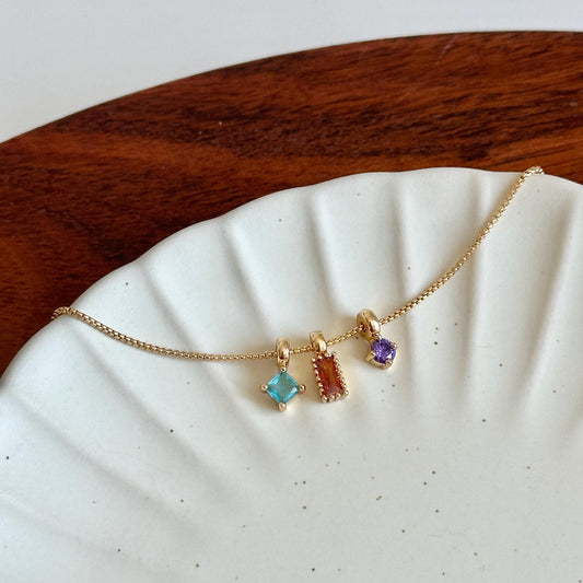 Gold Three Mini Multicolor Cubic Zirconia Pendant Gold Necklace