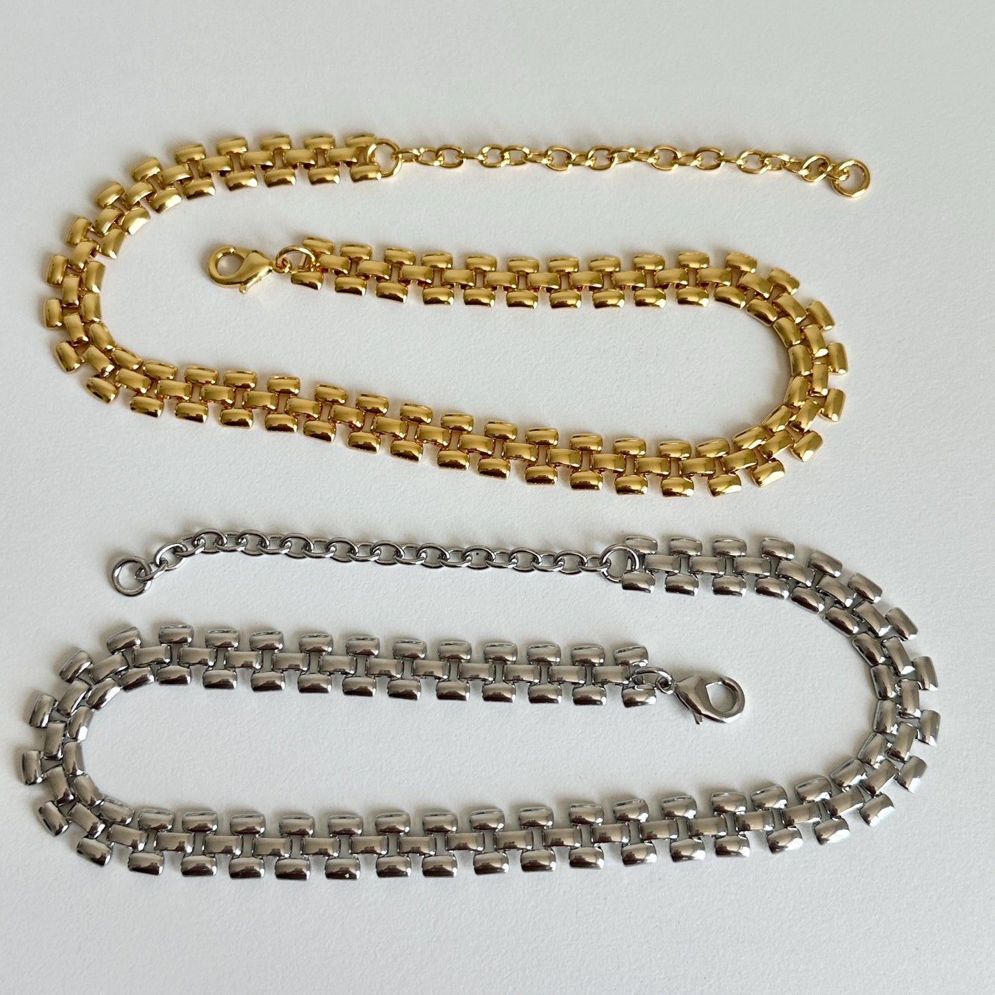 Watchband Chain Necklace, Gold Plated Choker, Bold Metal Link Chain, Adjustable Chunky Necklace, Unisex Statement Jewelry
