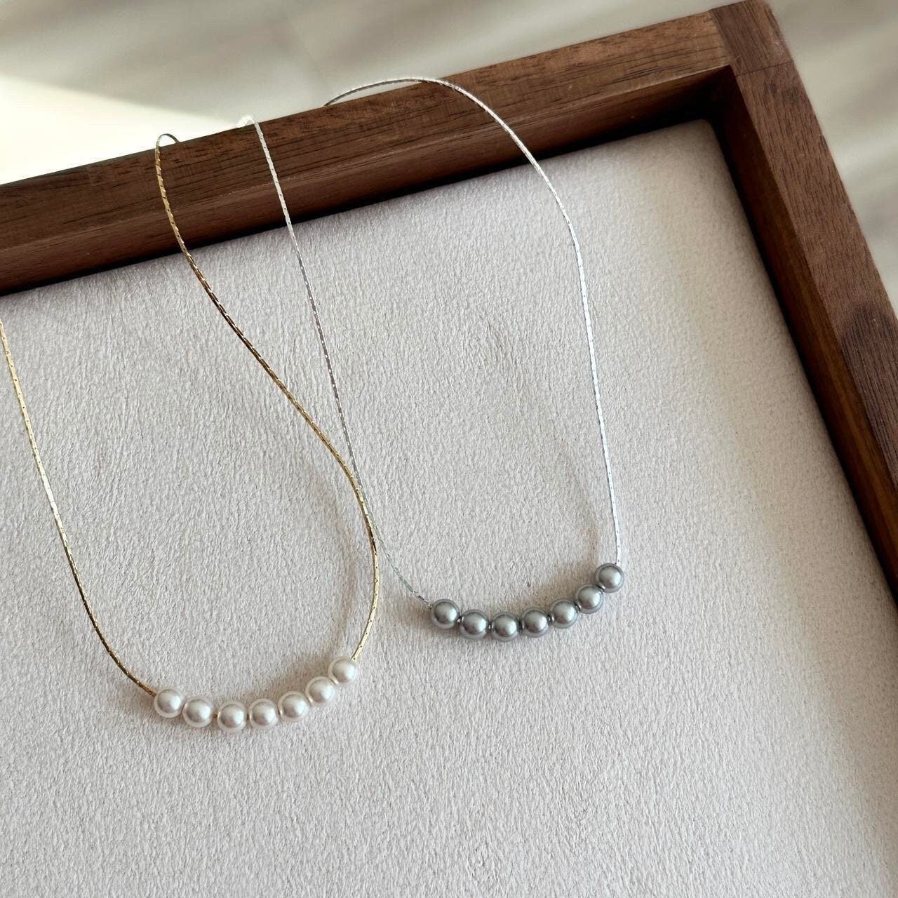 Seven Pearls Gold Thin Necklace, Pearl Necklace