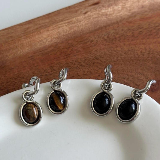 Gemstone Dangle Silver Earrings, Black Onyx Dangle Earrings, Tigereye Gemstone Silver Earrings.