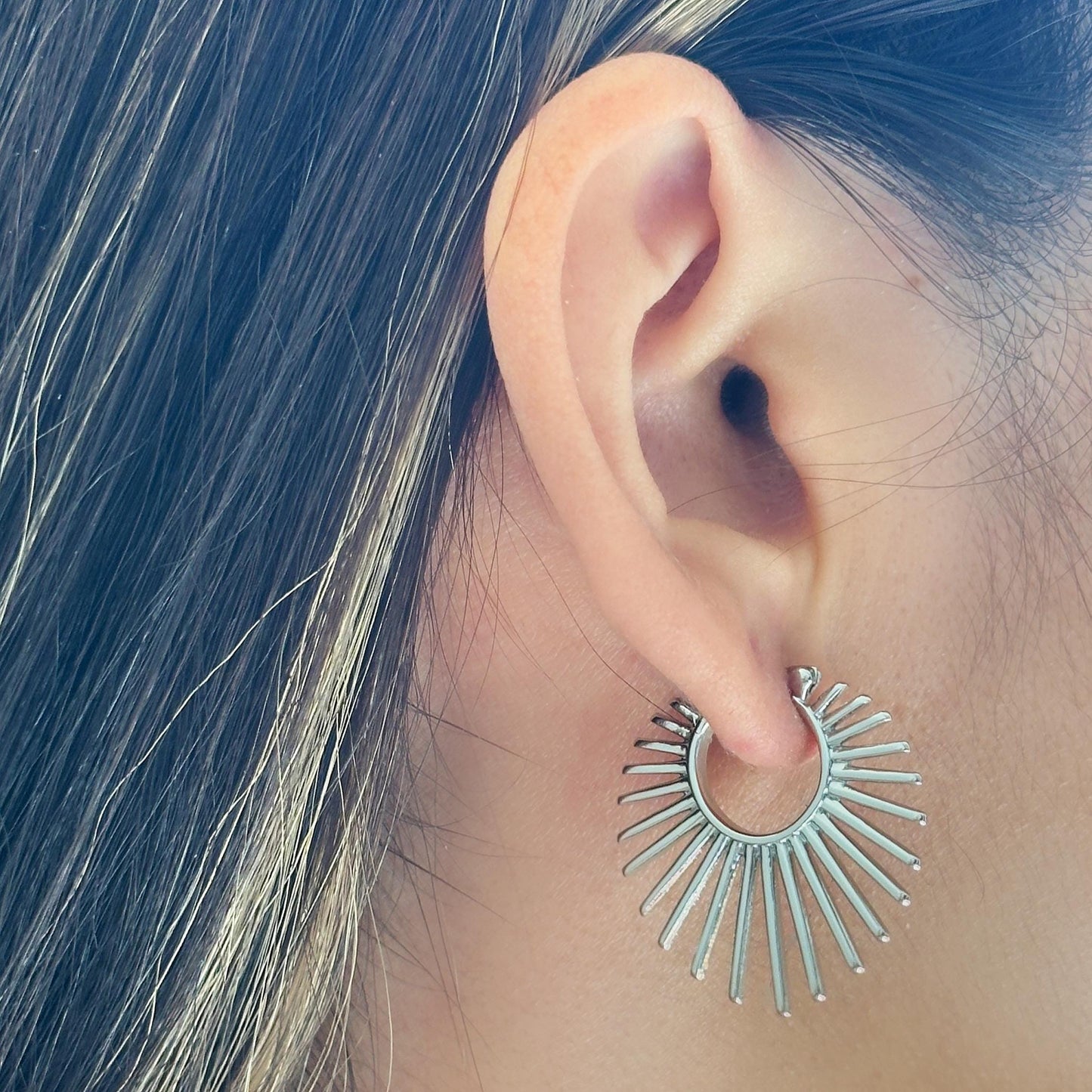 Sunburst Hoop Earrings, Radiant Spike Fan Shape Earrings, Burst Hoops, Lightweight Retro Hoops Earrings, Punk Earrings, Gold And Silver Hoop