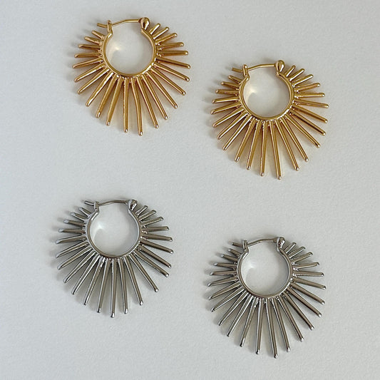 Sunburst Hoop Earrings, Radiant Spike Fan Shape Earrings, Burst Hoops, Lightweight Retro Hoops Earrings, Punk Earrings, Gold And Silver Hoop