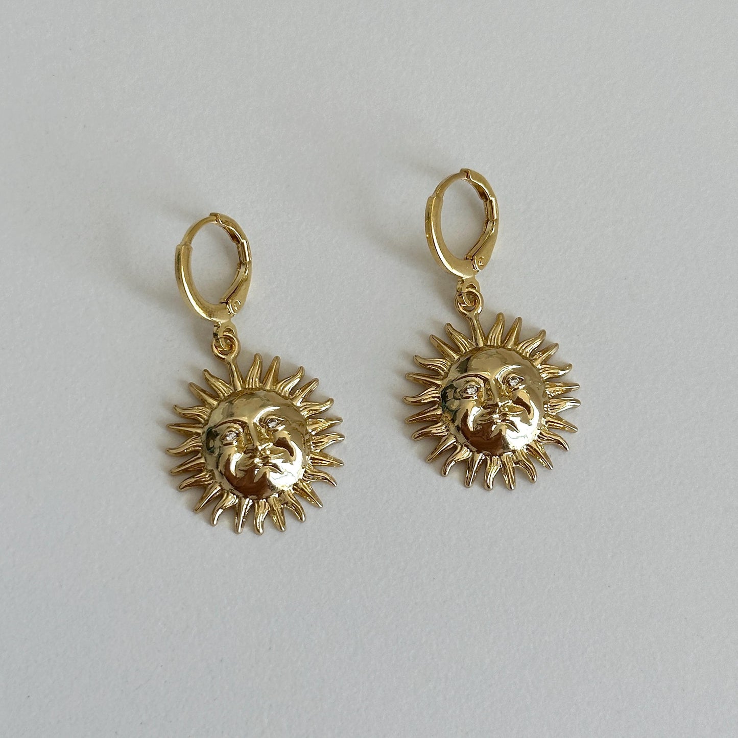 Gold Sun Face Necklace, Sun Face Hoops Earrings