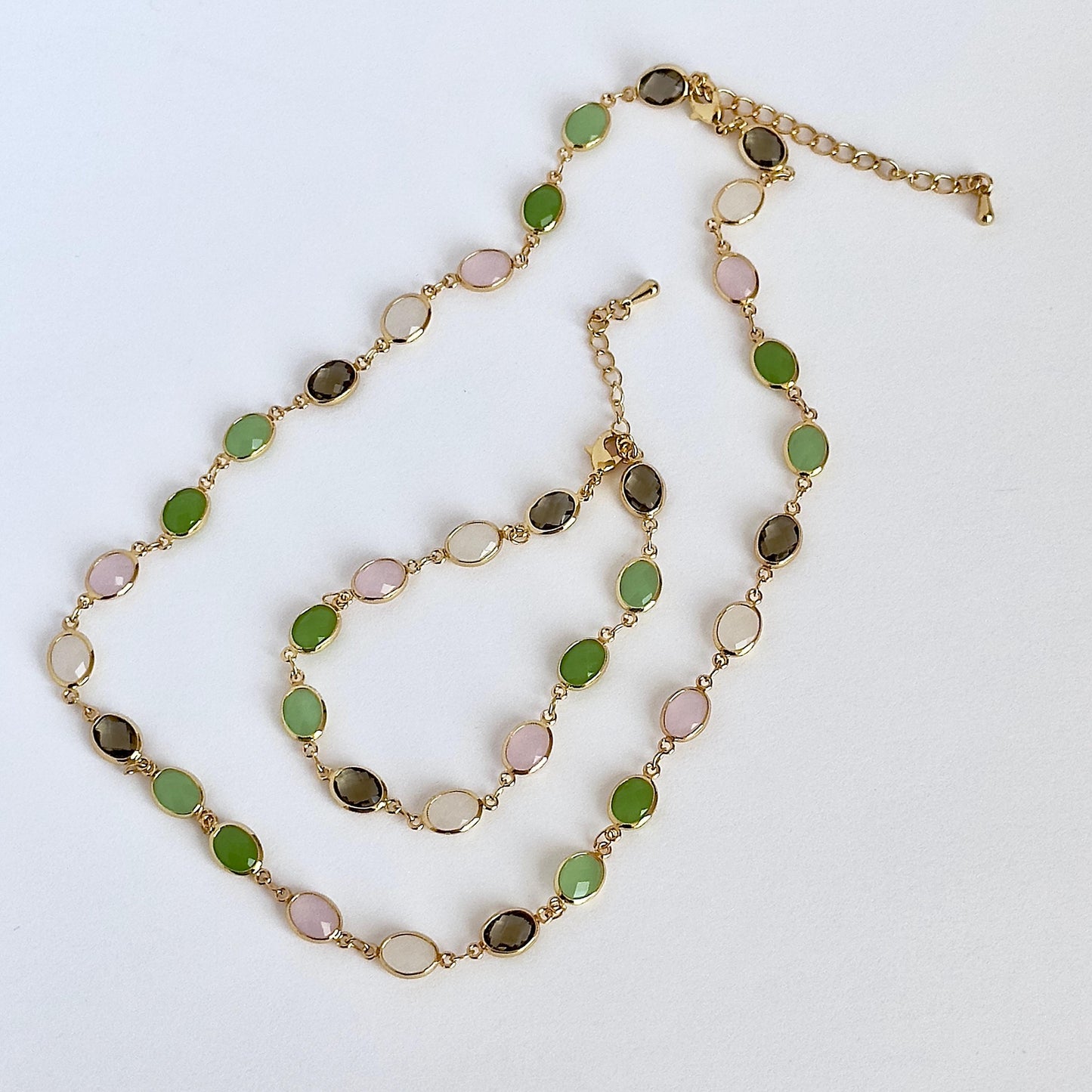 Elegant Crystal Stone Chain, Gold-Plated Green Pink Stone Necklace and Bracelet Set - Unique Multi-Color Gemstone Jewelry