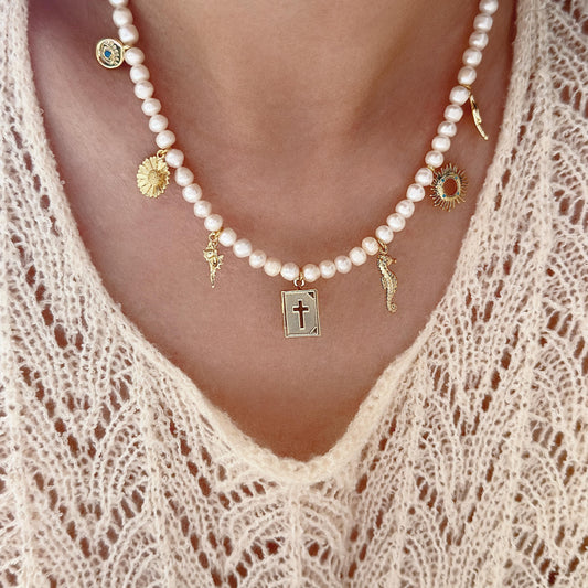 Charm Pearl Necklace, Pearl Necklace with Unique Charms