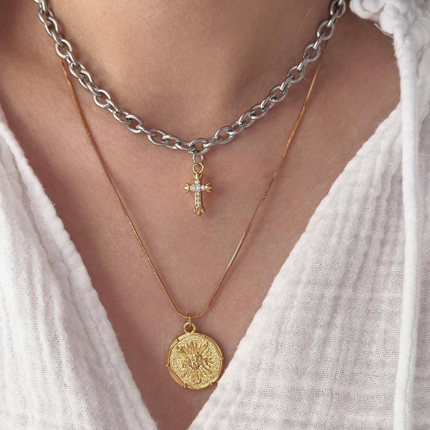 Two Tone Cross Pendant Necklace, Cross Charm Necklace, Silver Chain With Gold Cross Pendant, Mixed Metal Cross, Religion Necklace