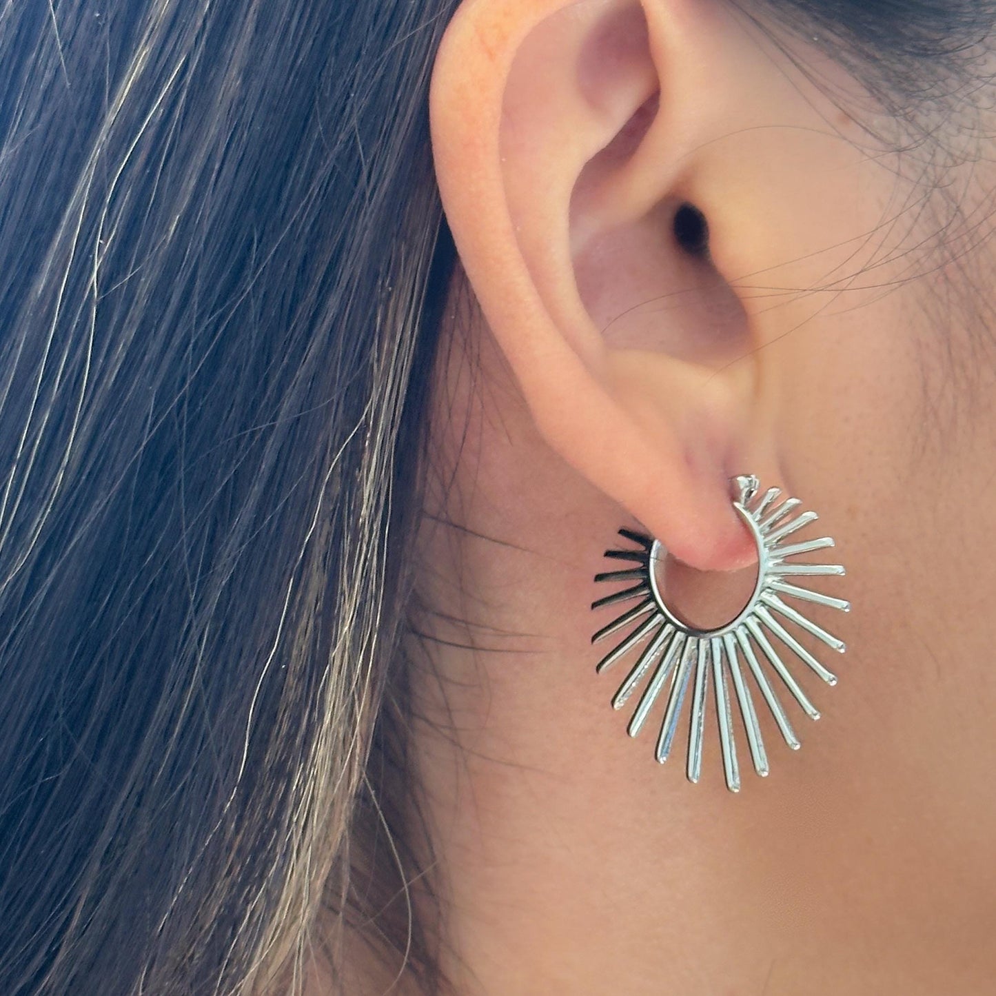 Sunburst Hoop Earrings, Radiant Spike Fan Shape Earrings, Burst Hoops, Lightweight Retro Hoops Earrings, Punk Earrings, Gold And Silver Hoop
