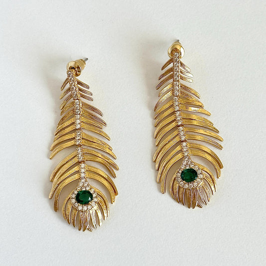 Elegant Peacock Feather Earrings with Green Gemstone