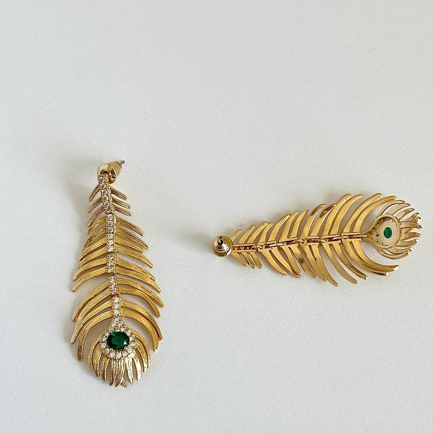 Elegant Peacock Feather Earrings with Green Gemstone