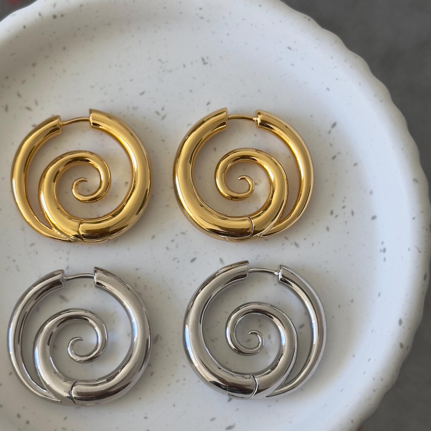 Silver Spiral Earrings, Fake Gauge Earrings