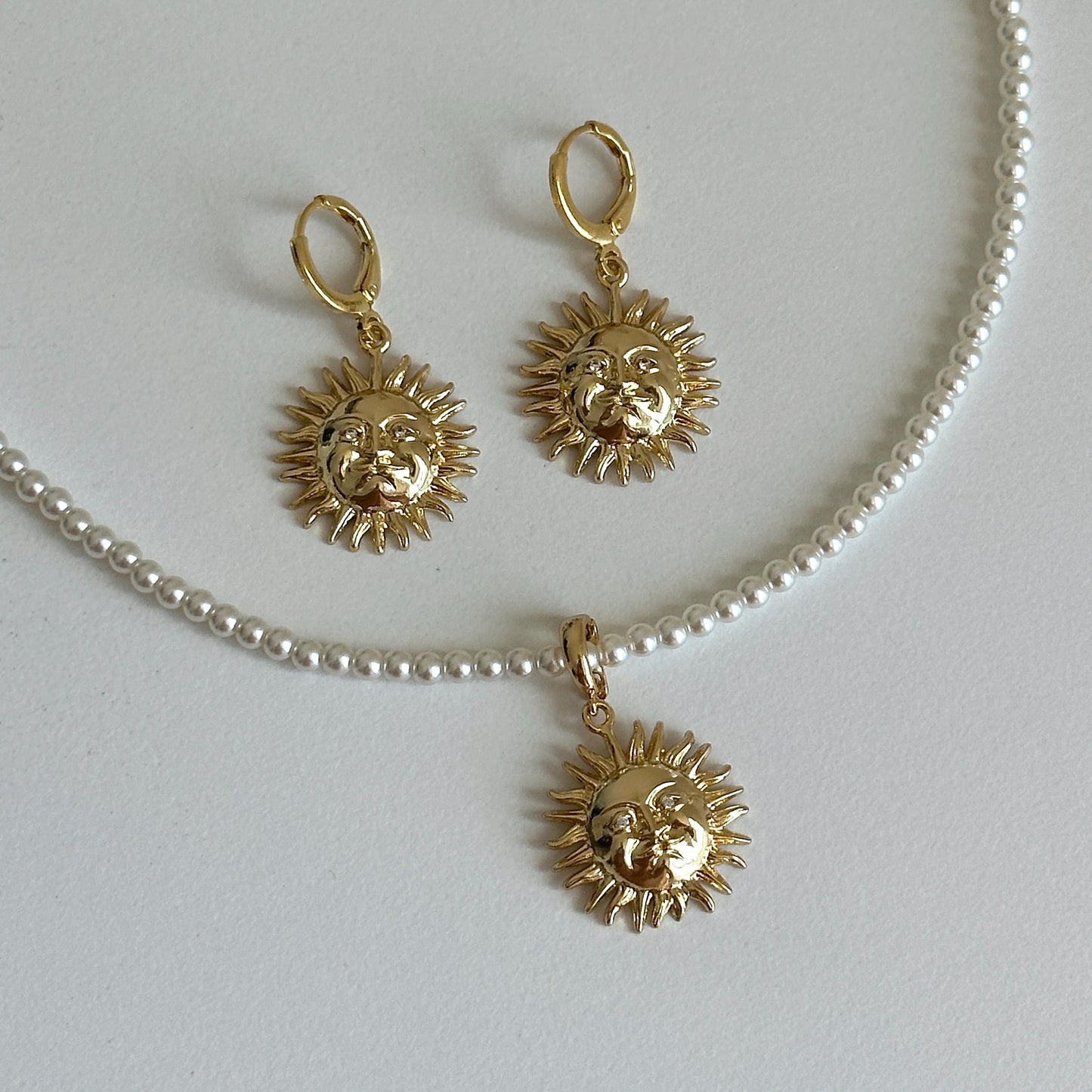 Gold Sun Face Necklace, Sun Face Hoops Earrings