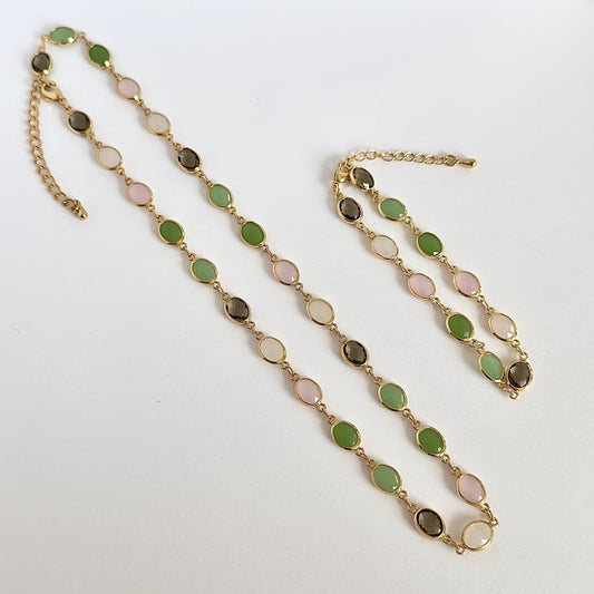 Elegant Crystal Stone Chain, Gold-Plated Green Pink Stone Necklace and Bracelet Set - Unique Multi-Color Gemstone Jewelry