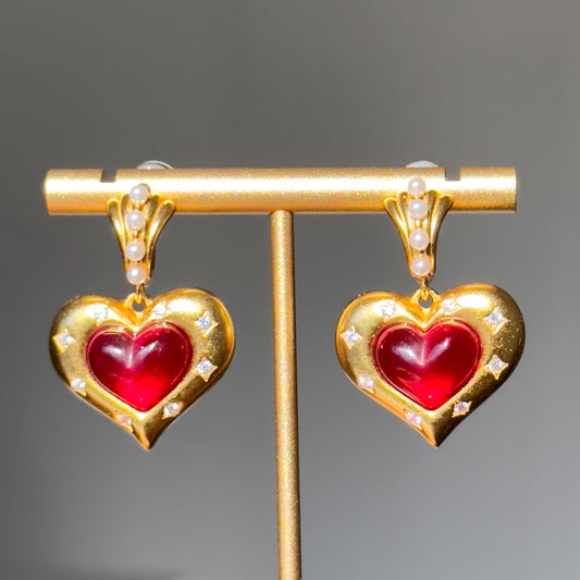 Vintage Style 18K Gold-Plated Red Heart Earrings ft