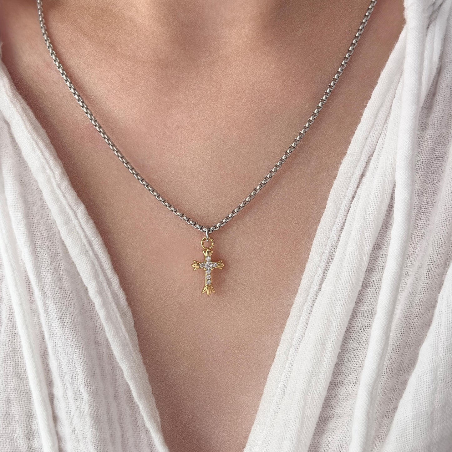 Two Tone Cross Pendant Necklace, Cross Charm Necklace, Silver Chain With Gold Cross Pendant, Mixed Metal Cross, Religion Necklace