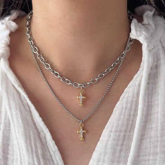 Two Tone Cross Pendant Necklace, Cross Charm Necklace, Silver Chain With Gold Cross Pendant, Mixed Metal Cross, Religion Necklace