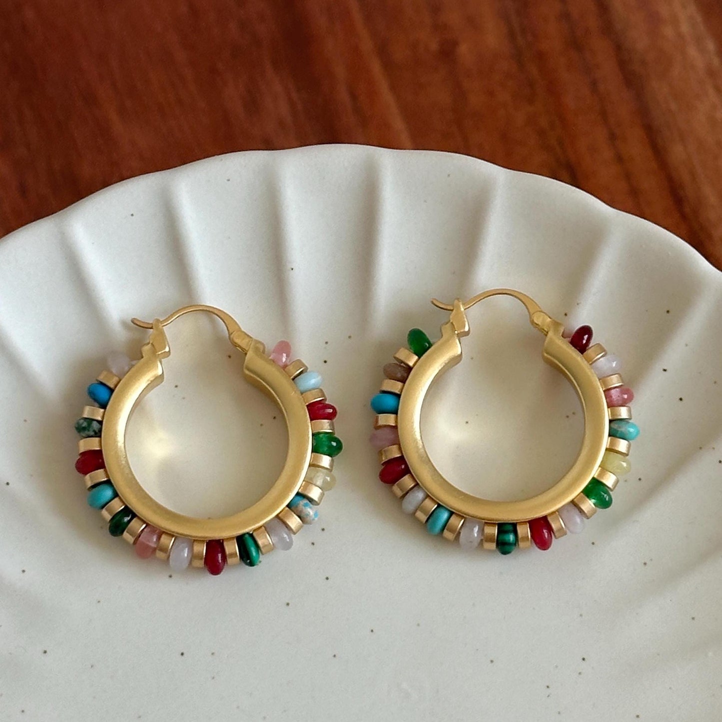 Gold Colorful Beaded Resort Hoop Earring