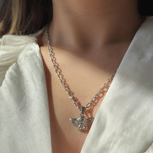 Angel Wing Pendant Necklace, Gold and Silver Wing Angle