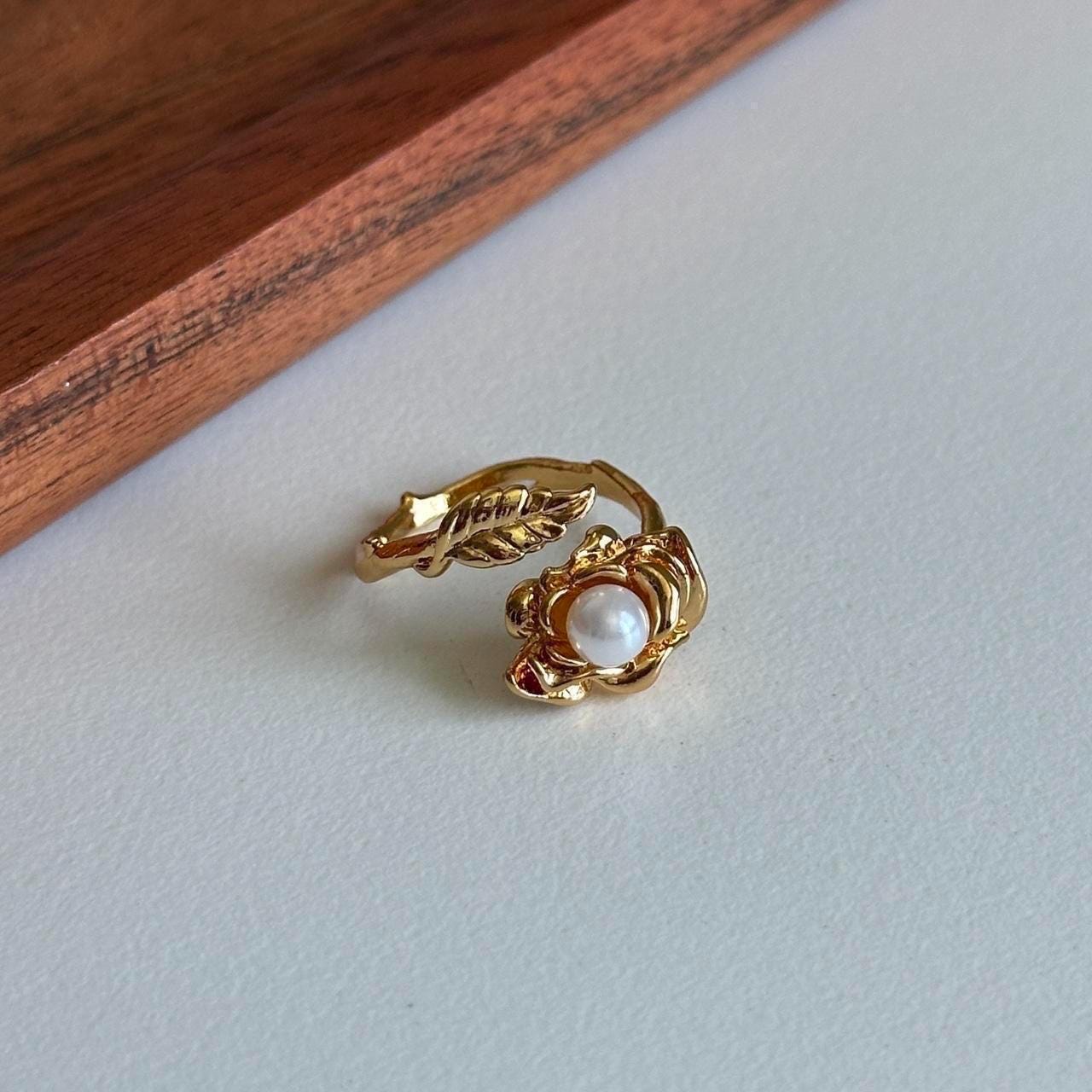 Gold Floral Ring with Pearl Accent