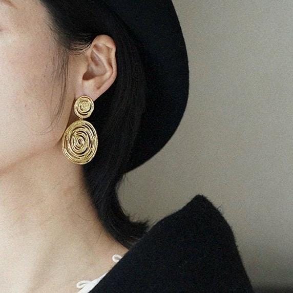 Spiraling Circle Dangle Gold Earrings French Vintage Earrings