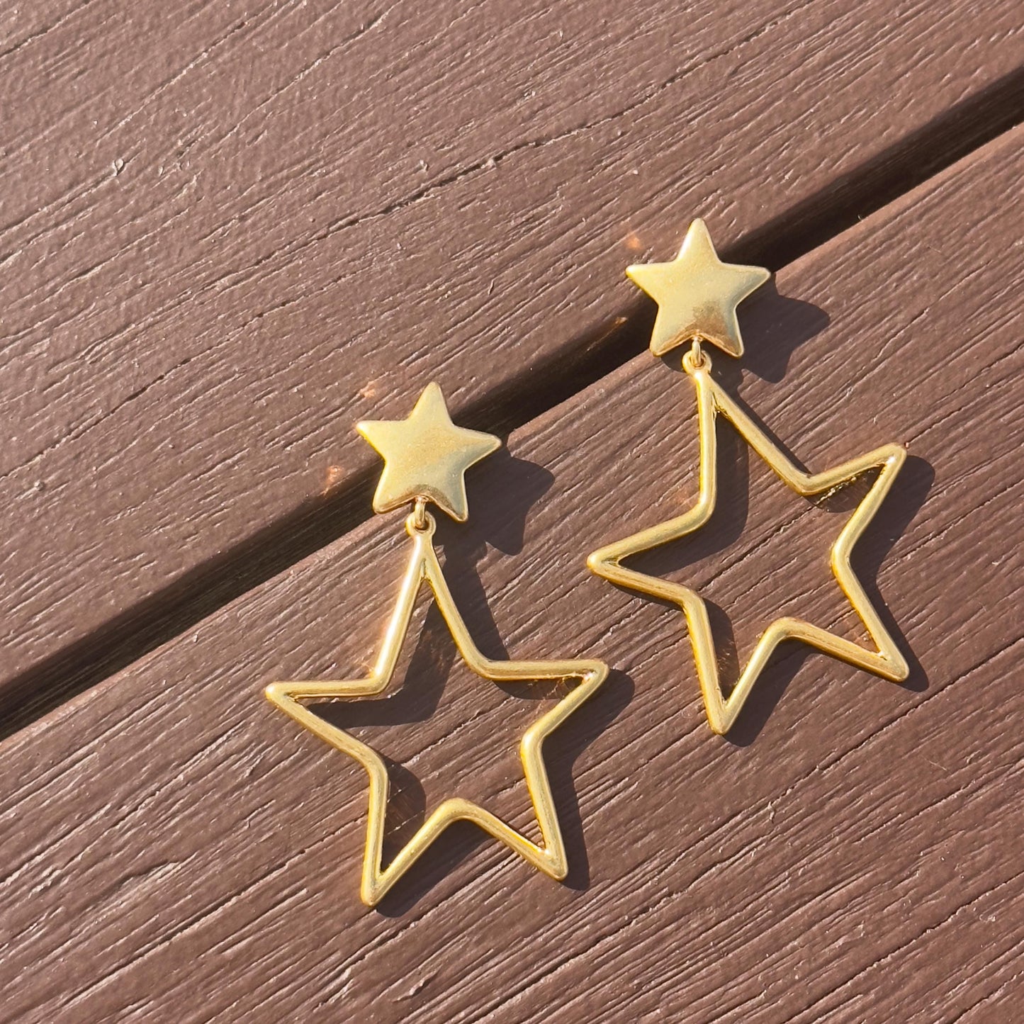 Matte Gold Star Dangle Earrings – Double Star Statement Earrings, Geometric Hollow Design, Star Dangle Earrings, Gift for Her