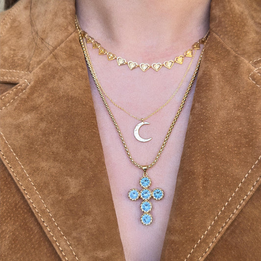 Gold Cross Pendant Necklace with Blue Gemstones