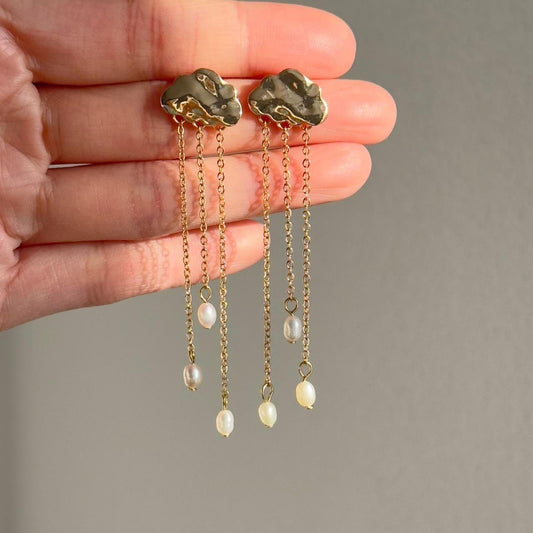 Gold Cloud & Pearl Dangle Earrings
