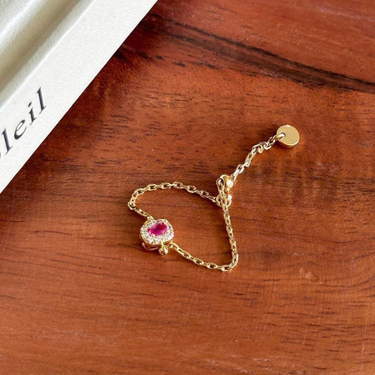 Adjustable Gold Chain Ring with Pink Gemstone